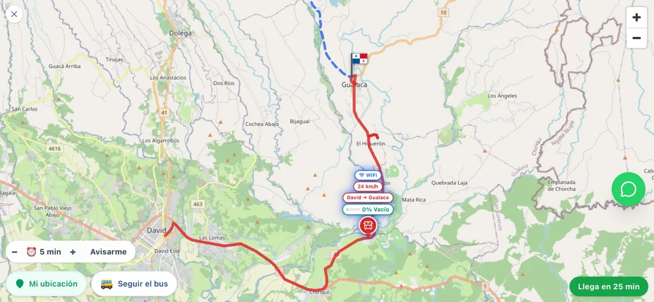 Mapa de micita.pa con la chiva David → Gualaca en vivo: WiFi, velocidad, sentido, plazas libres y tiempo de llegada