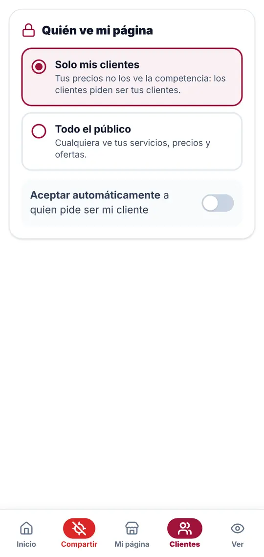 El botón Clientes: quién ve tu página