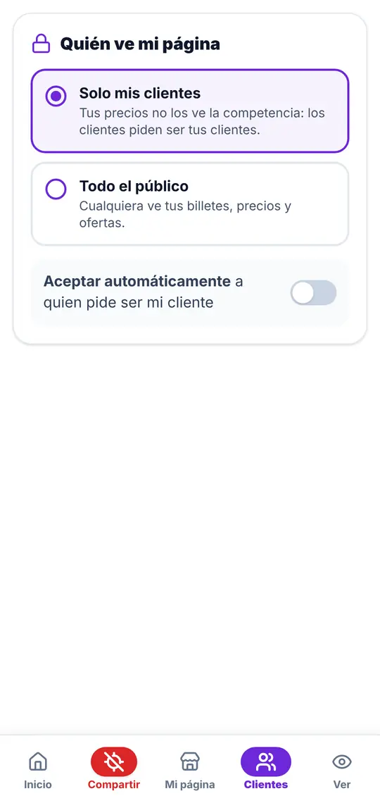 El botón Clientes: quién ve tu página