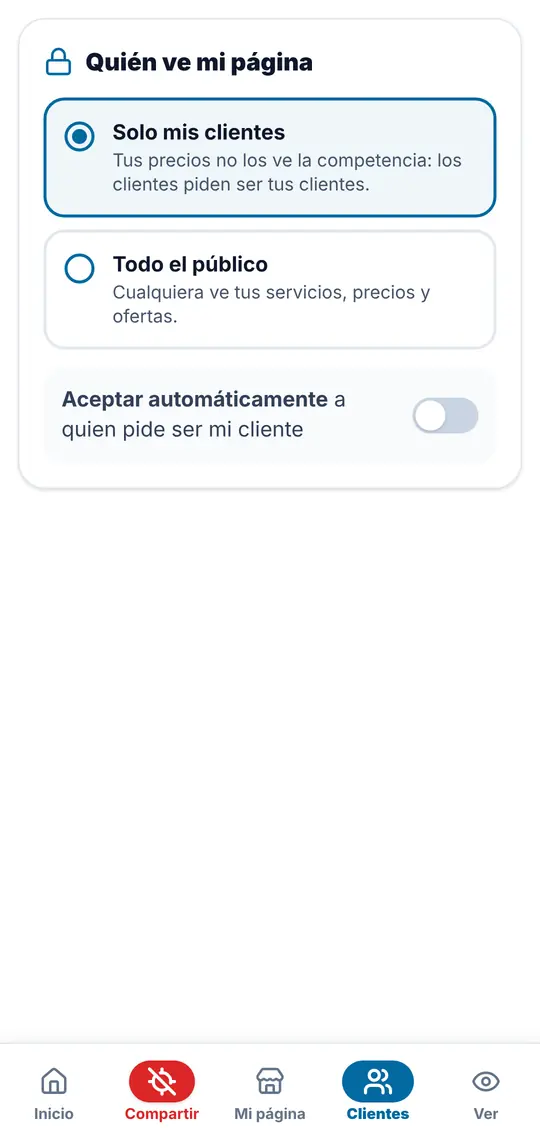 El botón Clientes: quién ve tu página