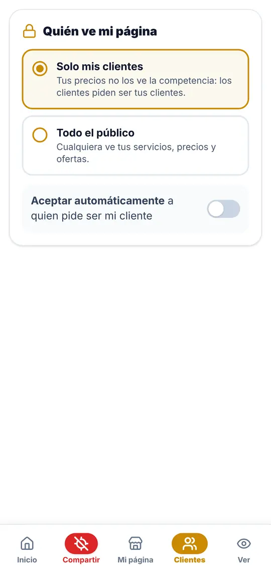 El botón Clientes: quién ve tu página