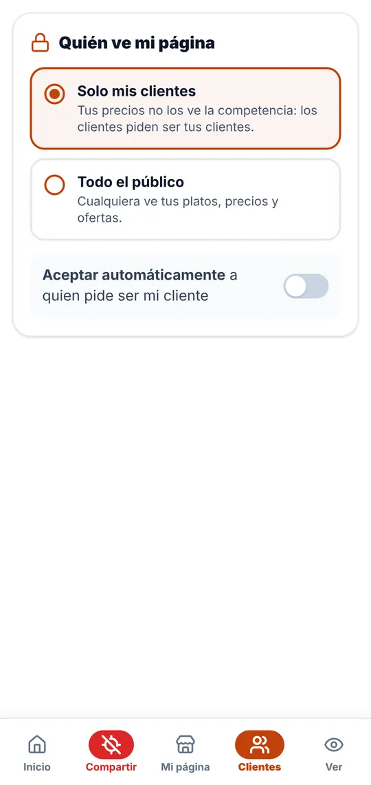 El botón Clientes: quién ve tu página