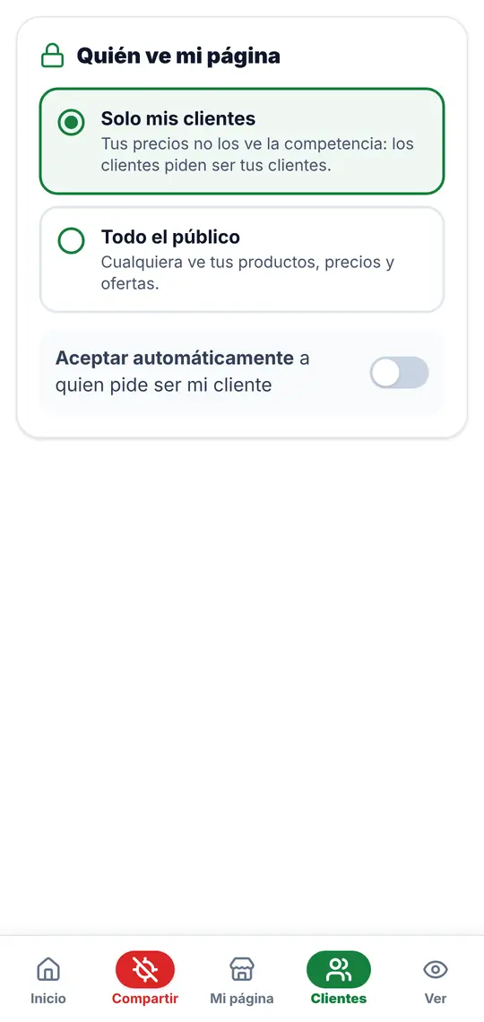 El botón Clientes: quién ve tu página