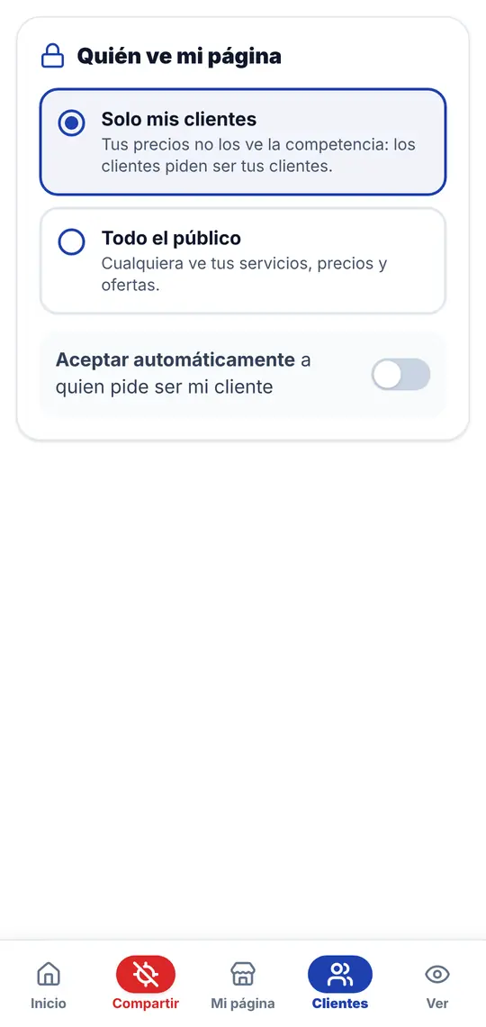 El botón Clientes: quién ve tu página