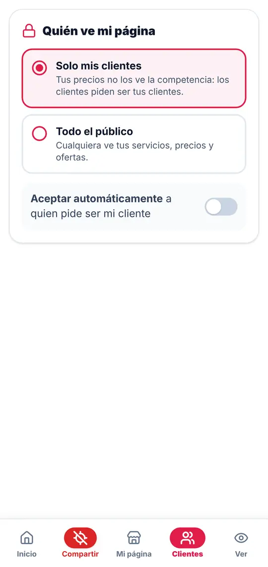 El botón Clientes: quién ve tu página