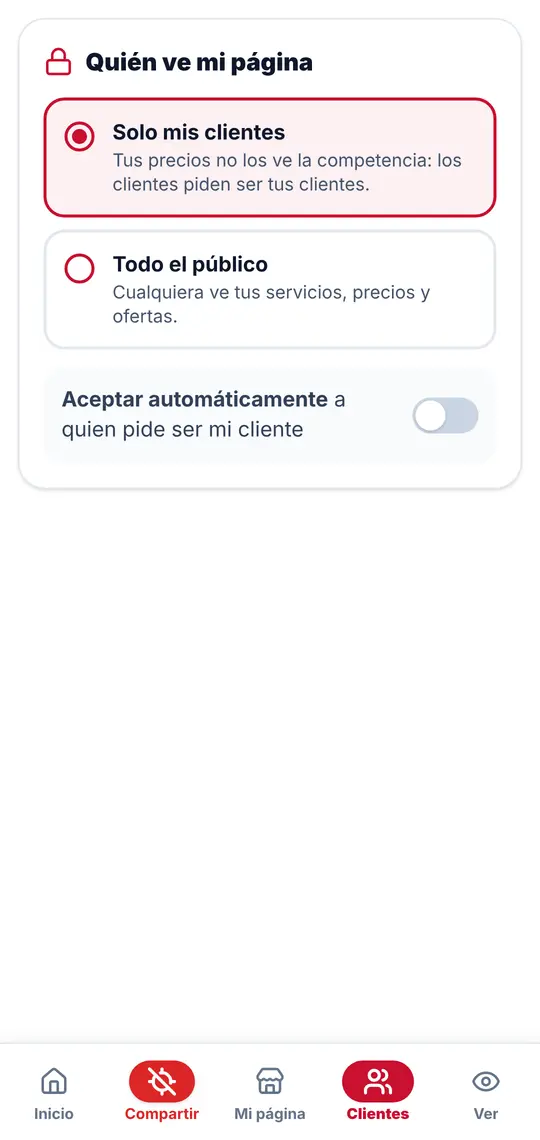 El botón Clientes: quién ve tu página