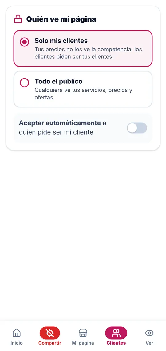 El botón Clientes: quién ve tu página