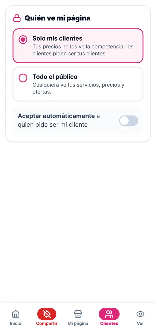 El botón Clientes: quién ve tu página