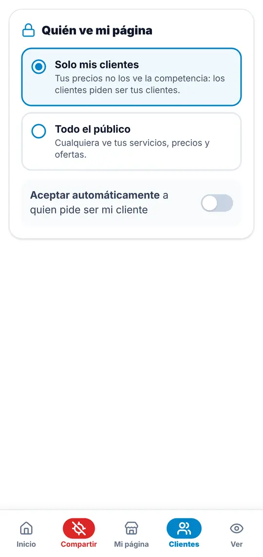 El botón Clientes: quién ve tu página